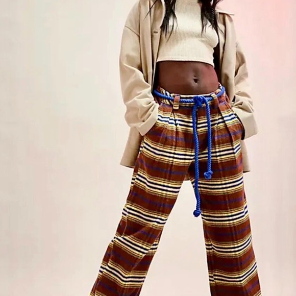 Free People Preppy Plaid Pull On Trousers Pants Flannel Tie Brown Blue S NEW - Picture 2 of 8